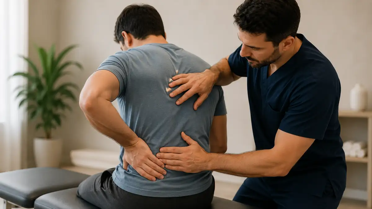 Clinician evaluating a patient's back